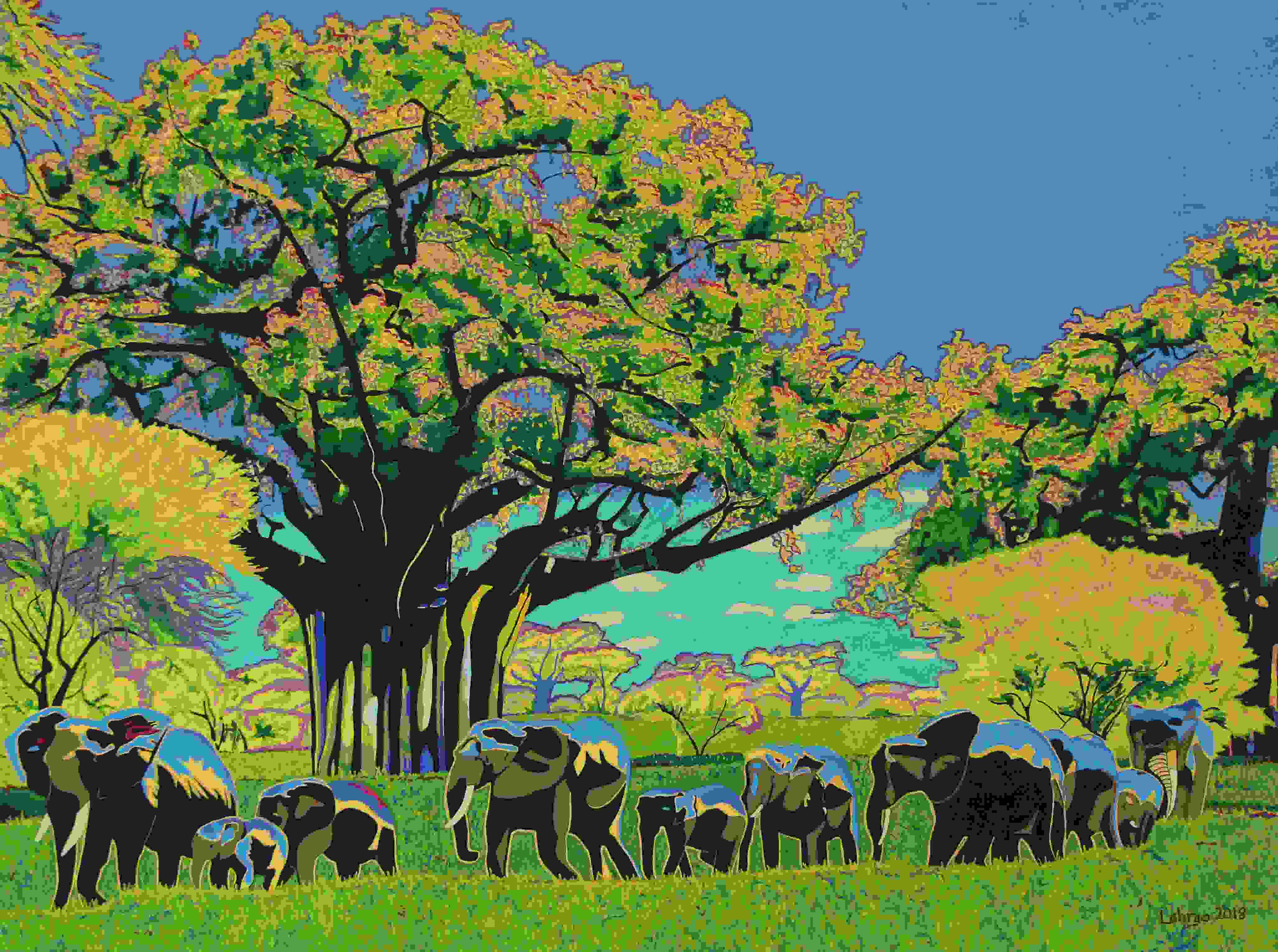 Elephants Trooping by the Baobab Tree